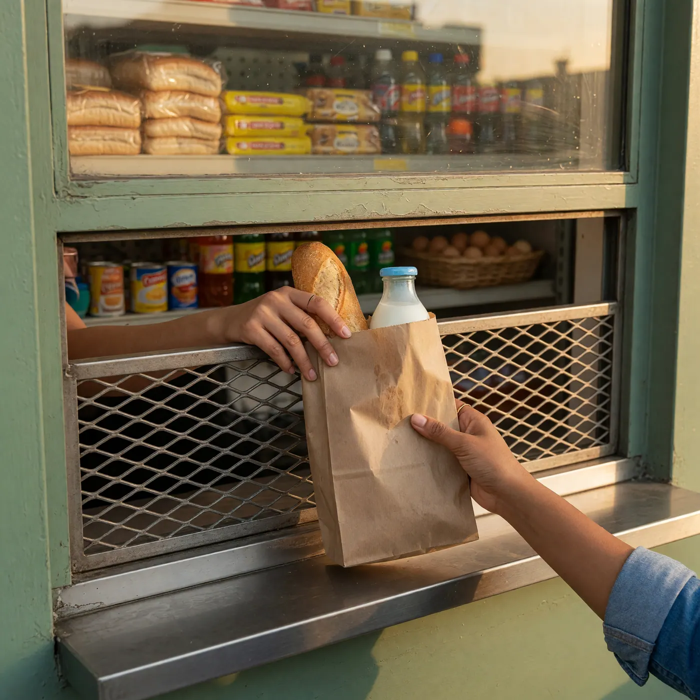 Close-up of groceries being handed through a night-service metal grate window.