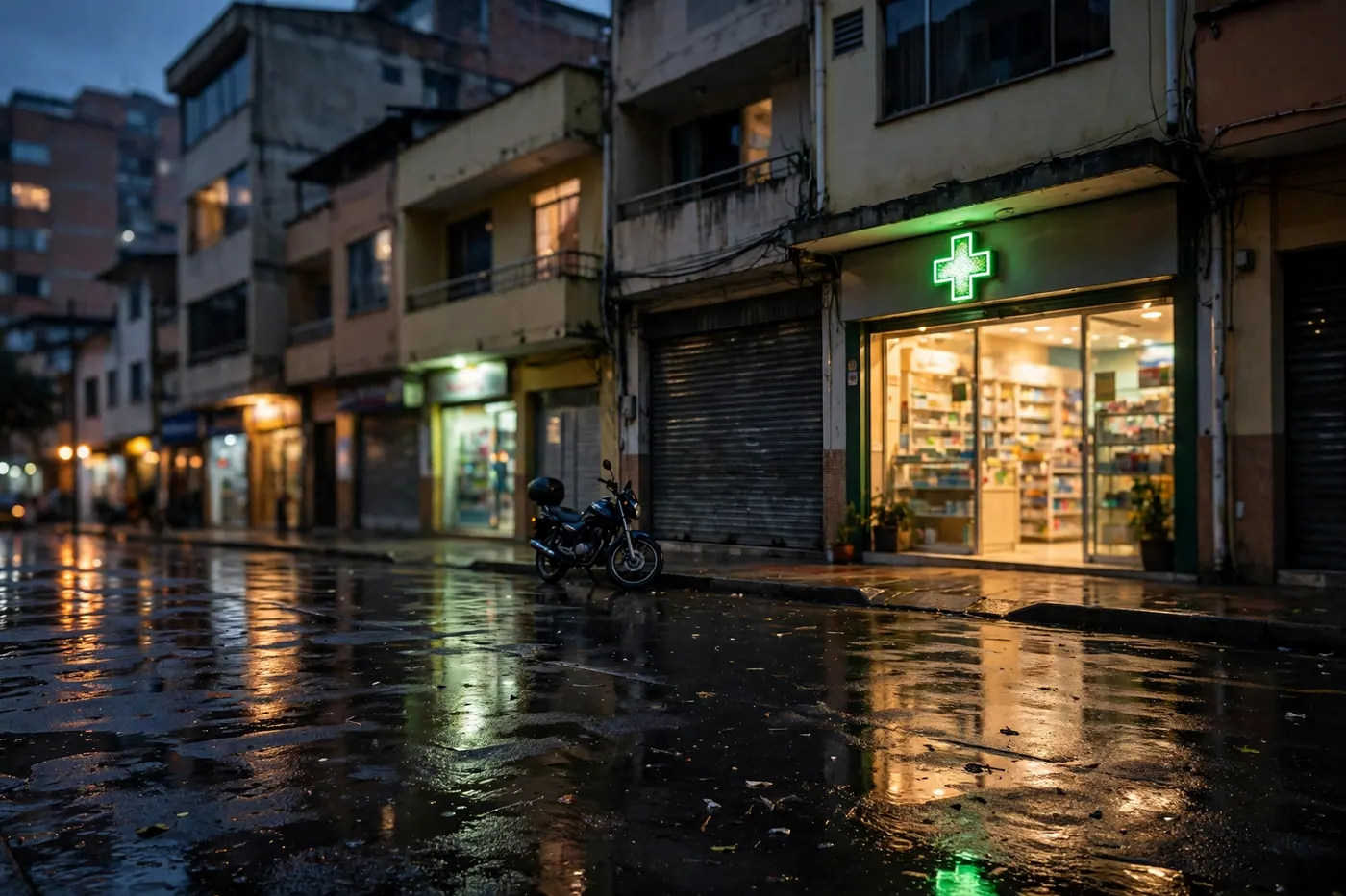 Rainy night street with a small lit pharmacy storefront glowing green, a parked motorbike, and a shuttered shop beside it