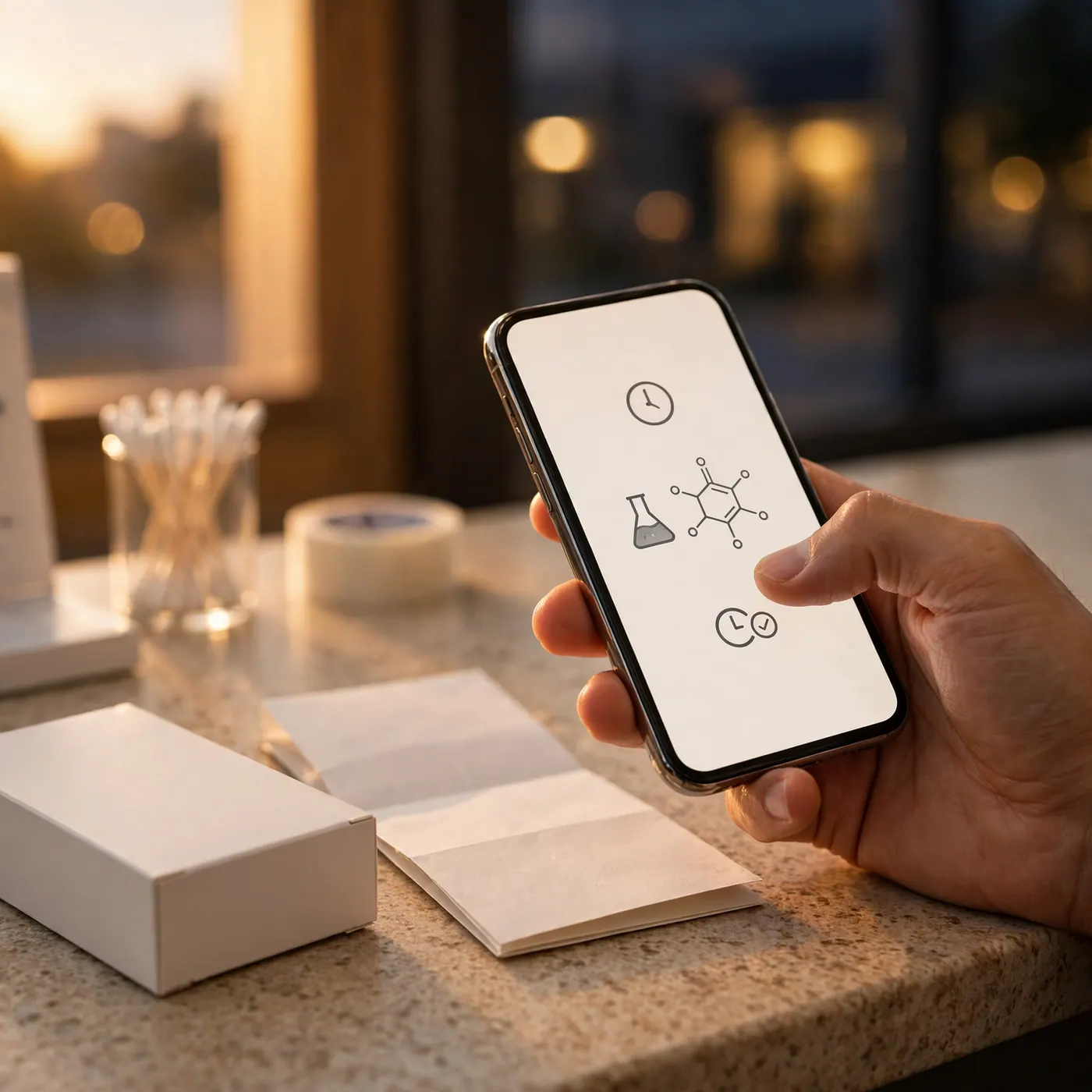 Hand holding a phone beside a paper prescription and a sealed medicine box on a pharmacy counter at night