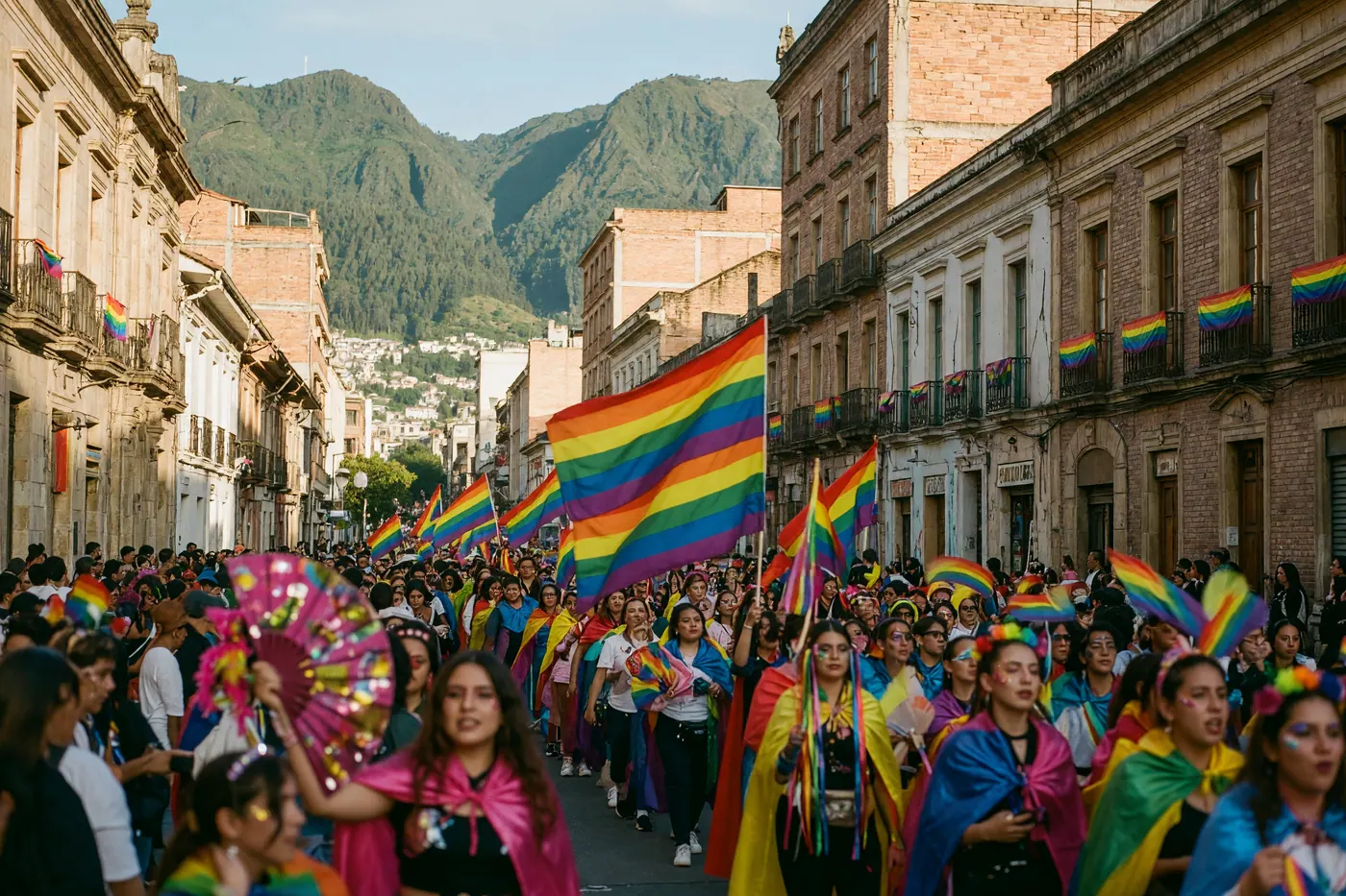 Multitud vibrante marchando por la Carrera Séptima de Bogotá durante el orgullo Pride, con banderas arcoíris y montañas andinas al fondo.
