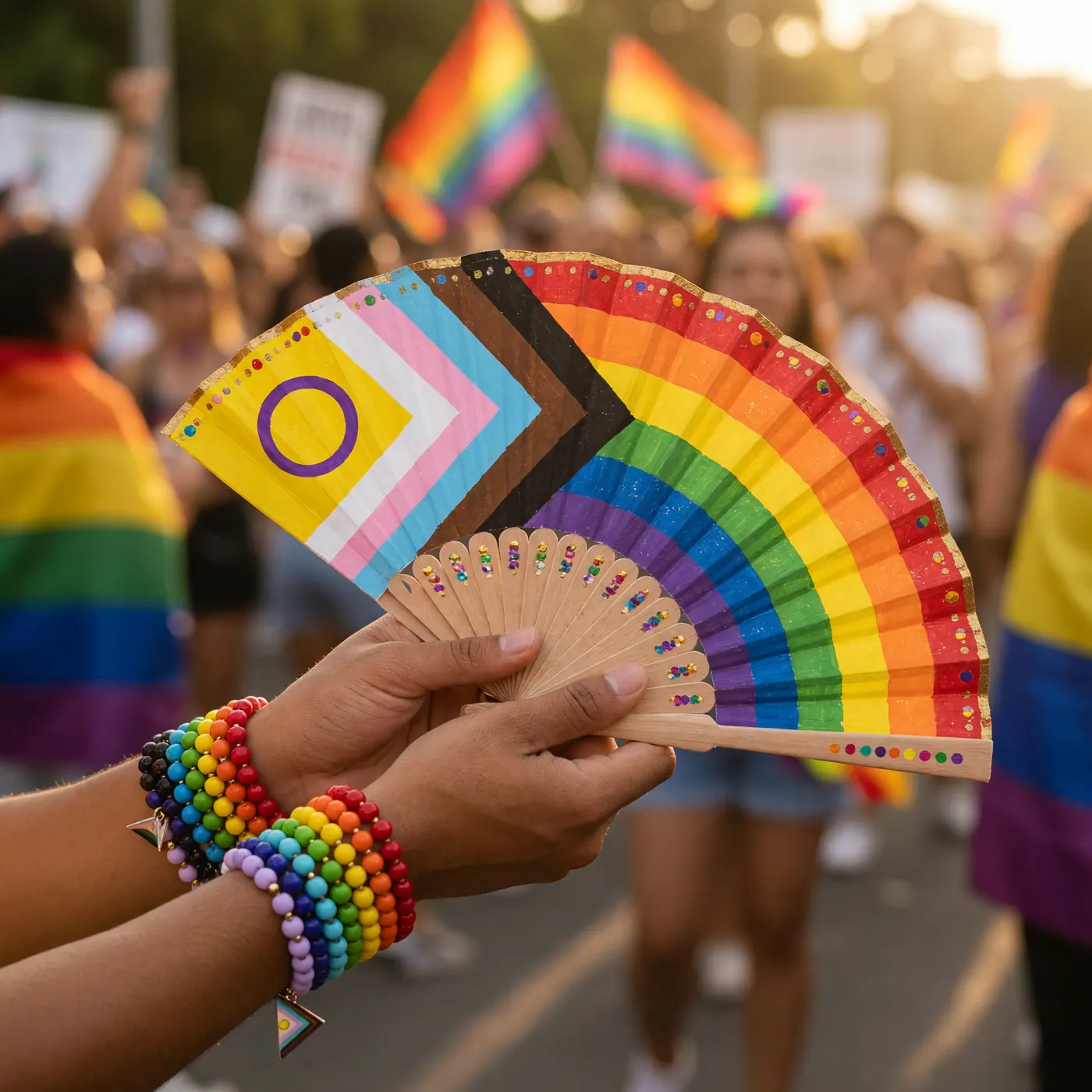 Primer plano de un abanico con los colores de la bandera del orgullo progresista sostenido por una persona en la marcha del orgullo en Colombia.