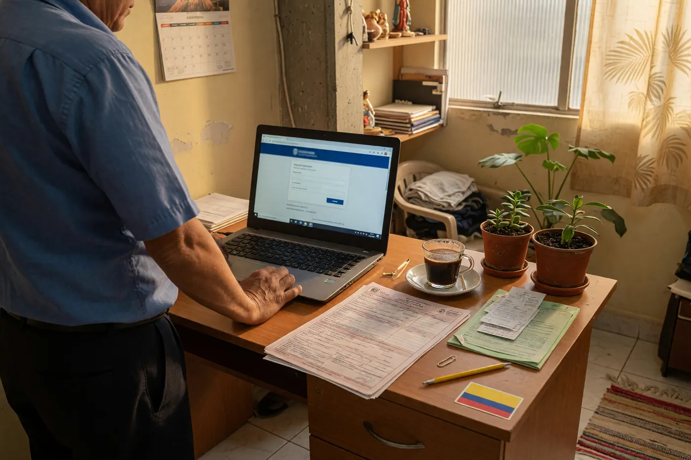 Portátil, documentos tributarios y café en un espacio de trabajo doméstico colombiano