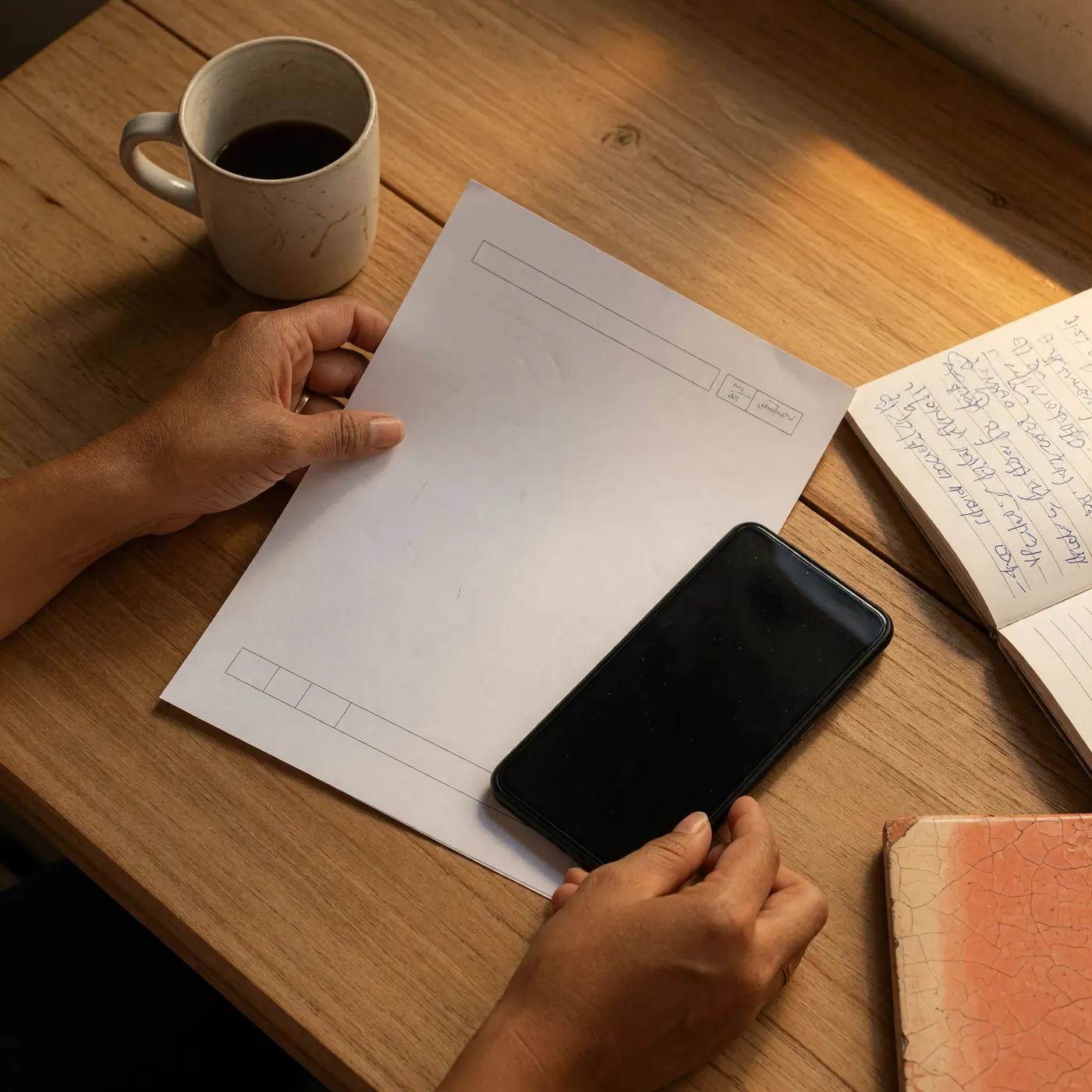 Manos sobre un documento impreso genérico y un celular con pantalla apagada junto a un cuaderno y una taza