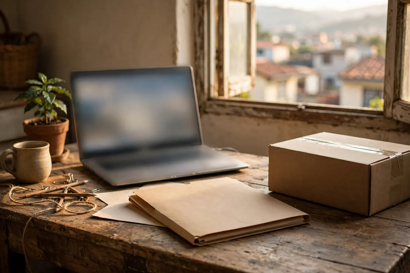 Escritorio de oficina pequeña con portátil abierto, carpeta de papeles y una caja de equipo cerrada junto al teclado