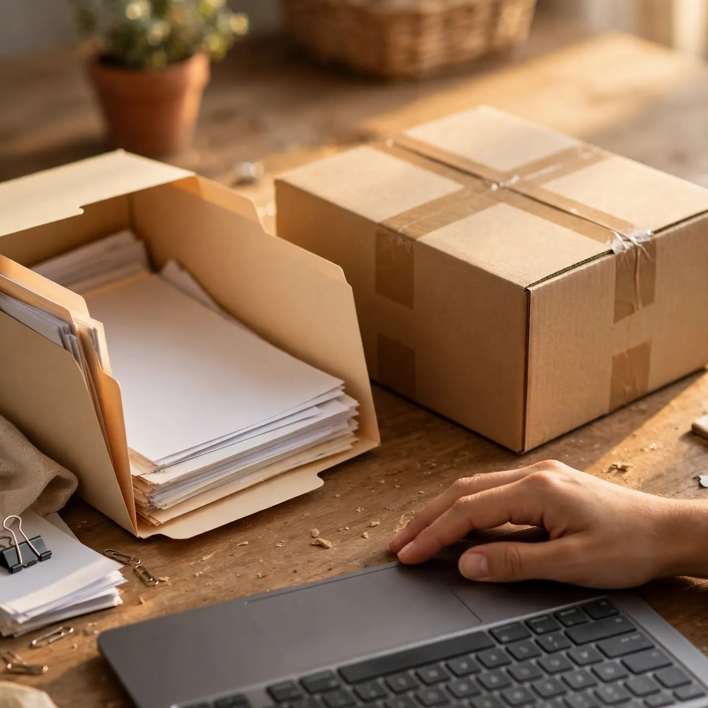Mano junto al teclado, caja de equipo con cinta y carpeta de documentos sobre una mesa de trabajo
