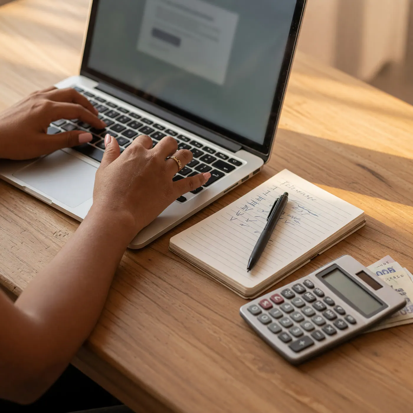 Manos escribiendo en un portátil junto a un cuaderno, una calculadora y un billete colombiano