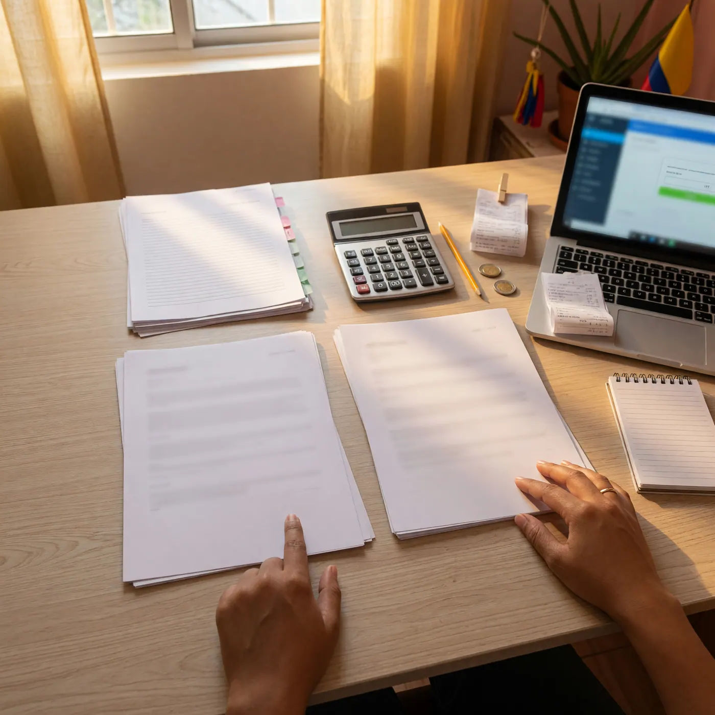 Manos usando una calculadora junto a una laptop y documentos organizados