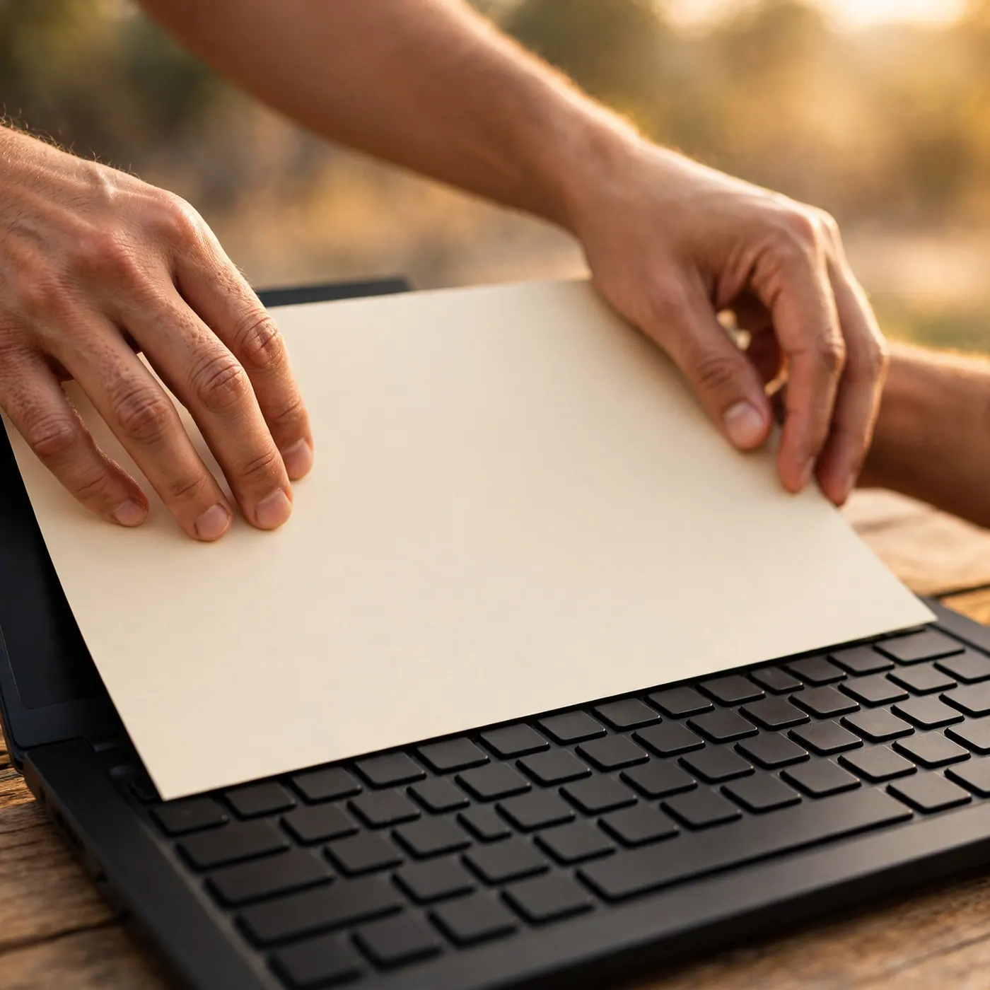 Manos acomodando un registro civil de nacimiento junto al teclado de un portátil