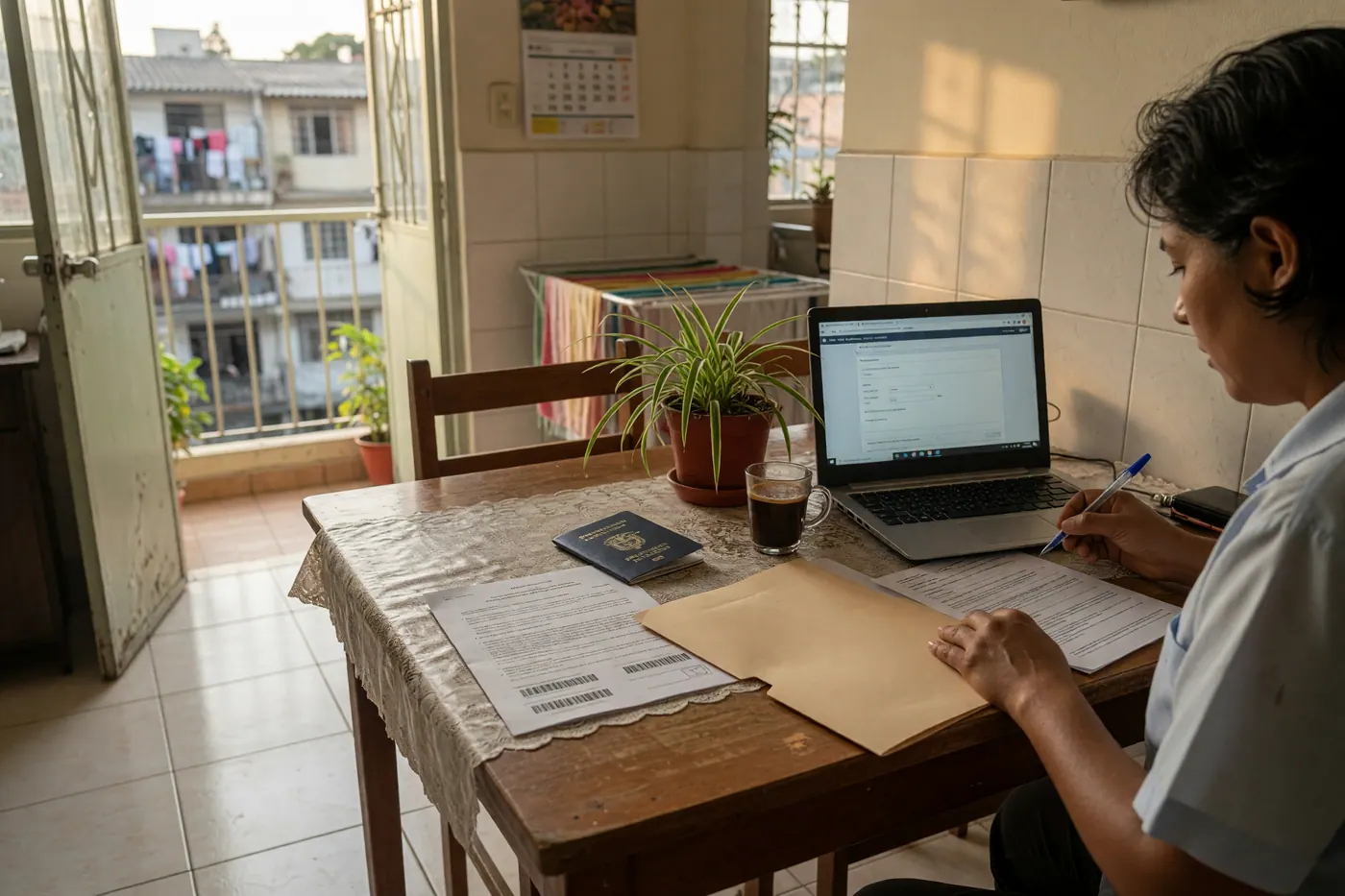 Persona organizando pasaporte, formularios y carpeta junto a un portátil en una mesa