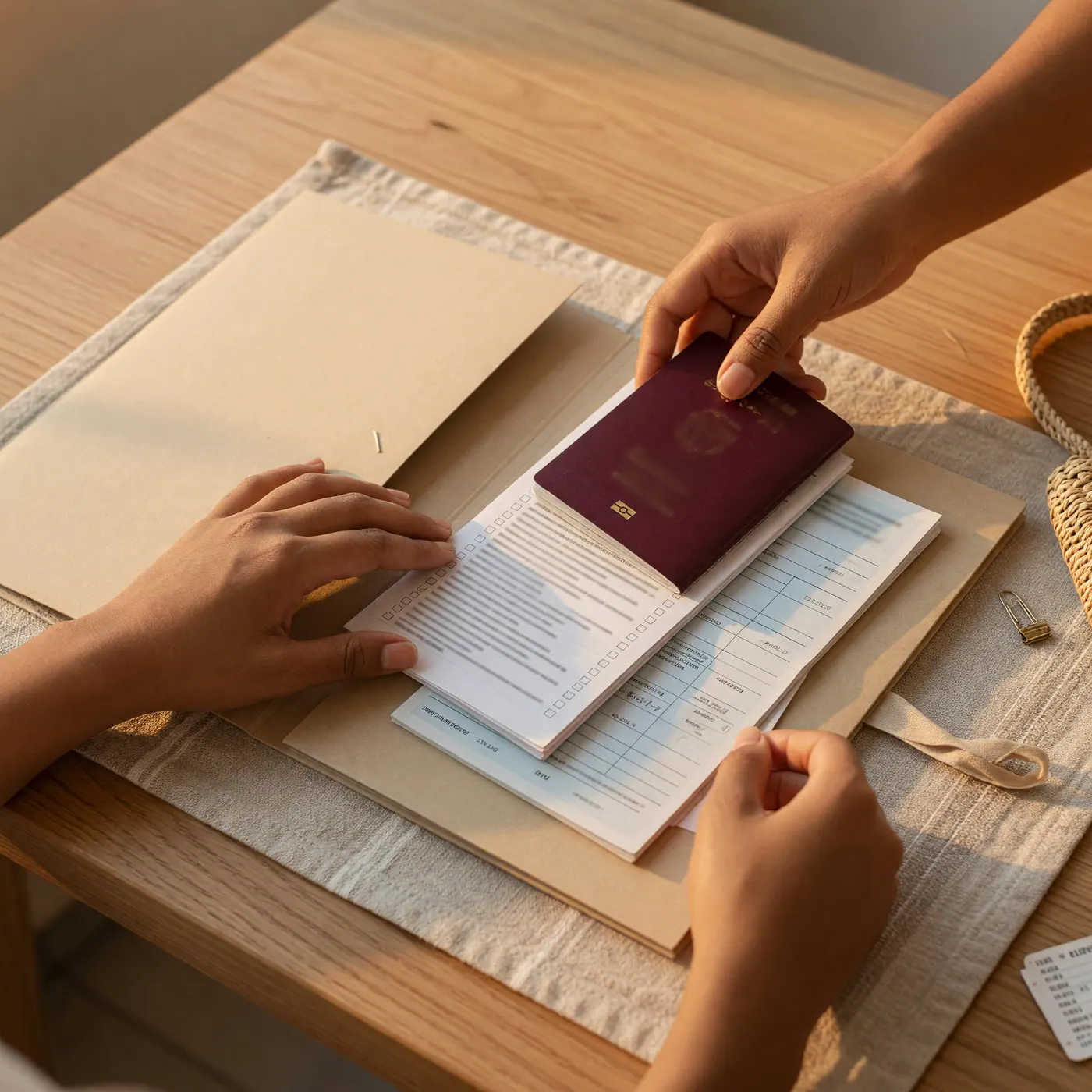 Manos guardando un pasaporte y una lista de verificación en una carpeta