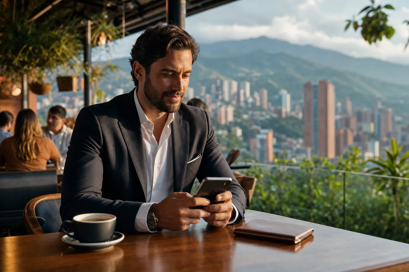 A real estate agent reviewing messages on a phone at a Medellin rooftop cafe at golden hour