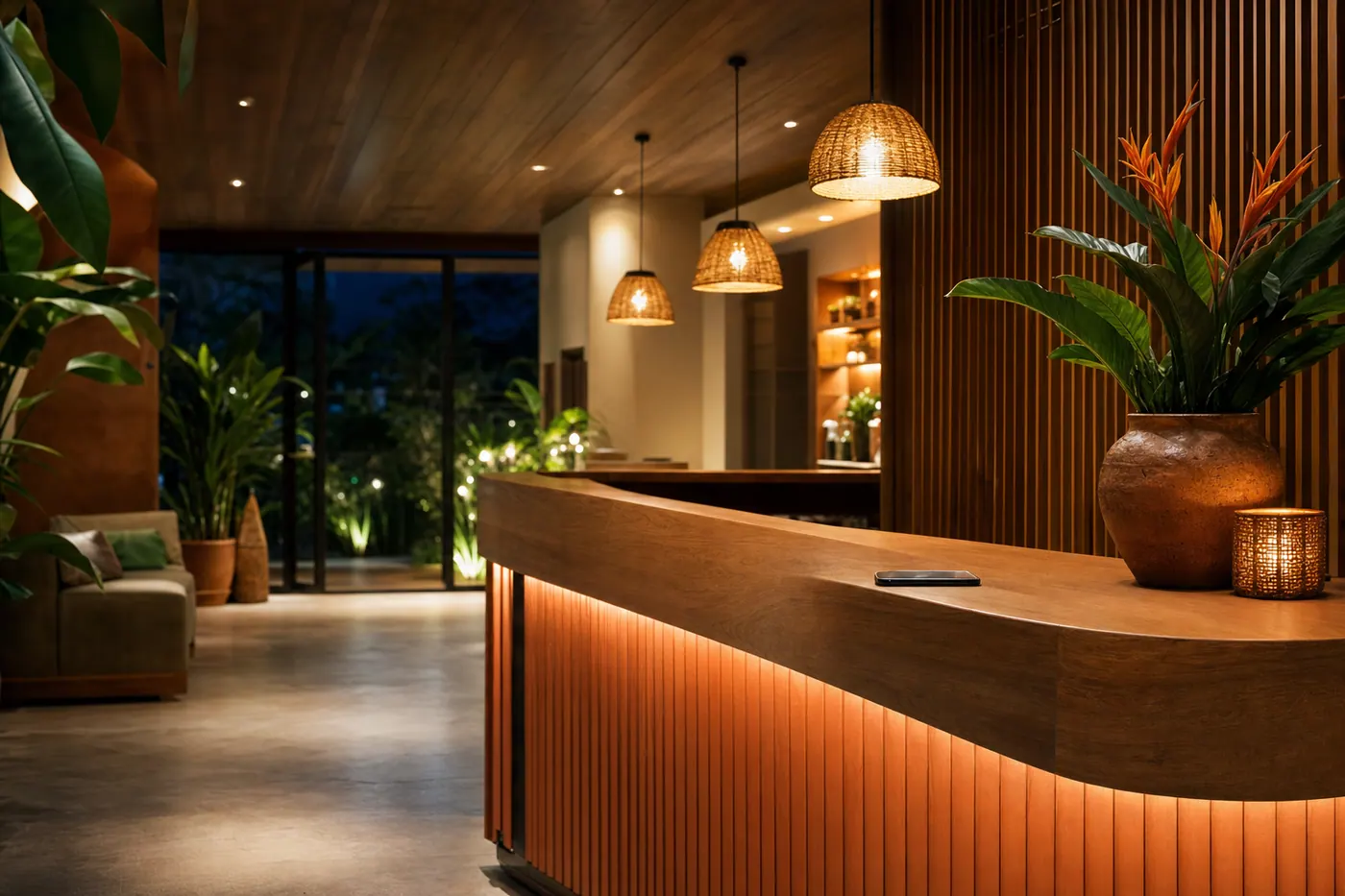 A calm, modern salon and clinic reception desk in Colombia lit warmly in the evening