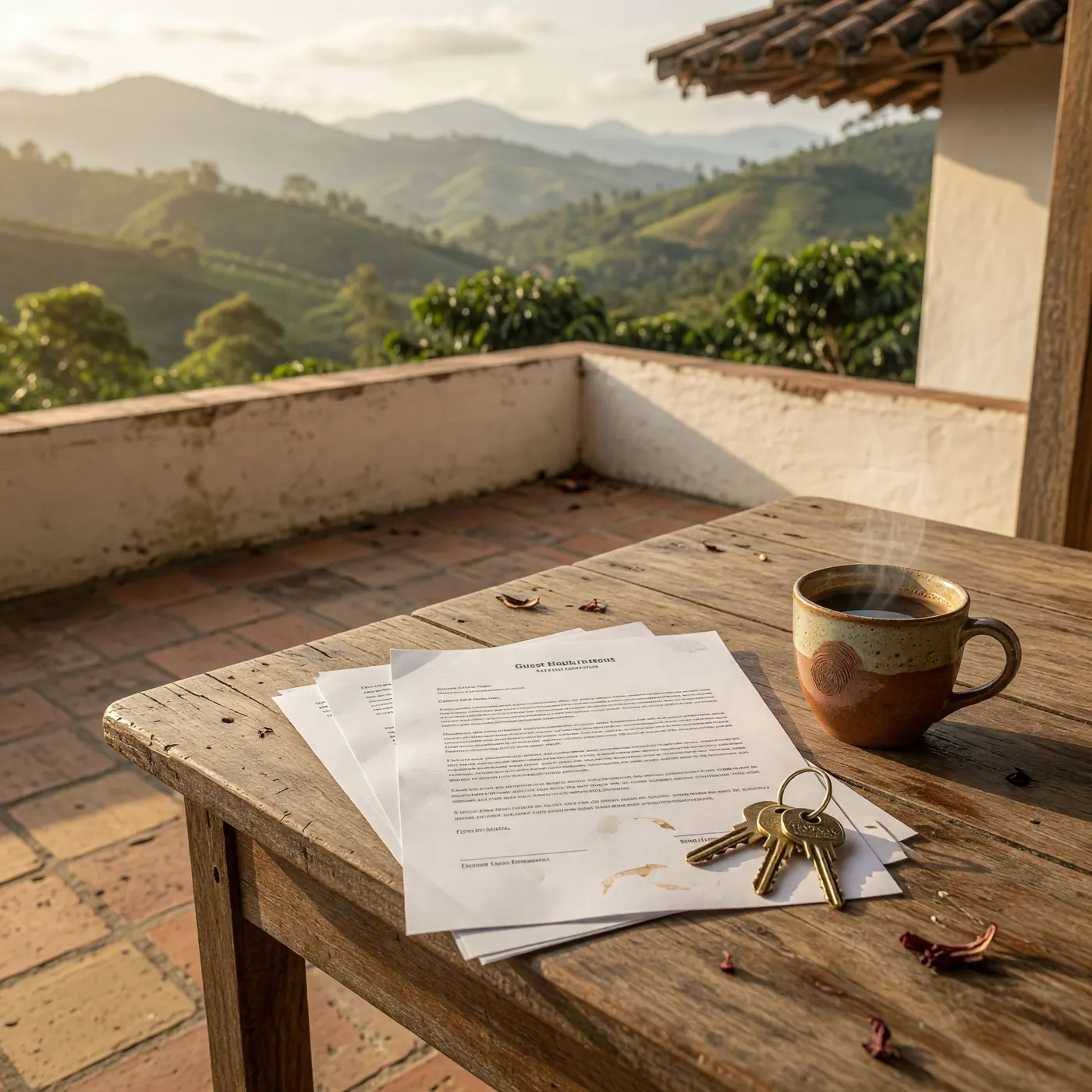 Contrato para huéspedes, llaves y taza de café sobre una mesa de madera en el corredor de una finca