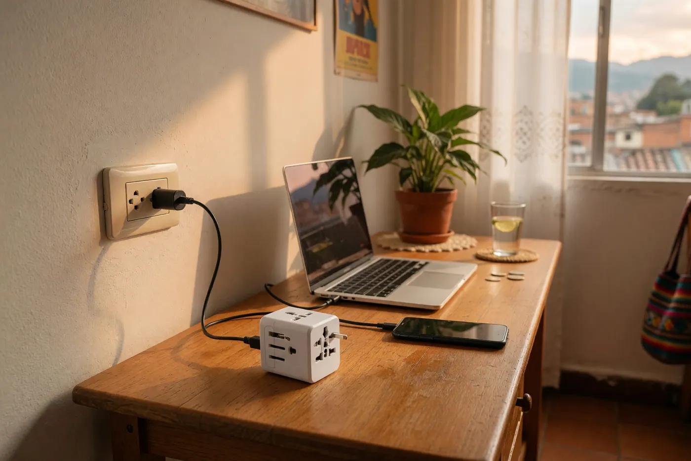 Adaptador de viaje universal conectado en tomacorriente colombiano Tipo B en un escritorio de madera