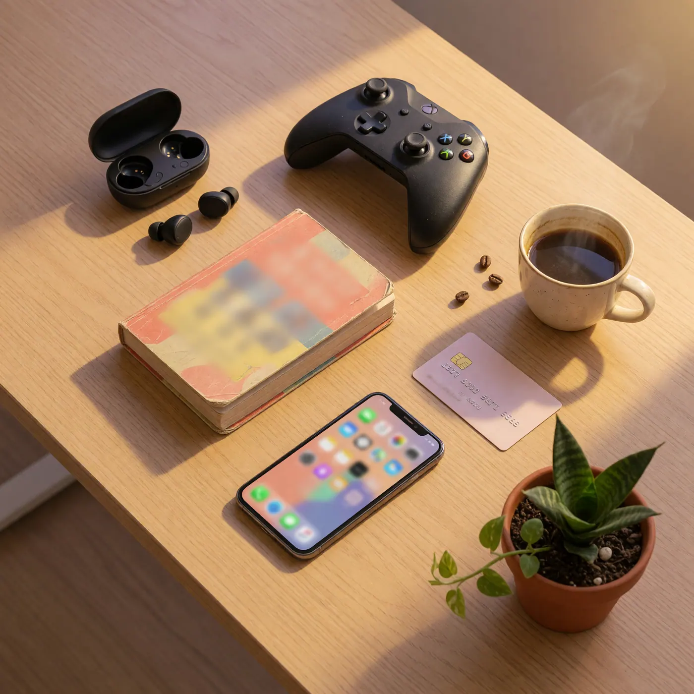 Audífonos, control de videojuegos, un libro, un celular y una tarjeta sobre un escritorio iluminado: la vida diaria de un joven que aprovecha los beneficios de Prime