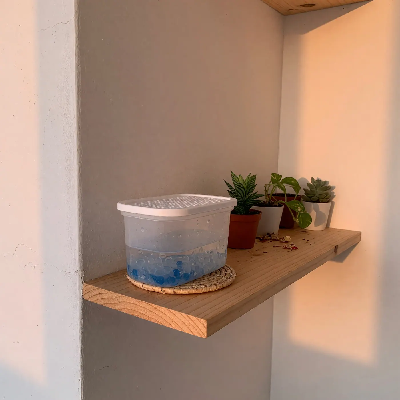 A close-up of a moisture-absorbing container on a wooden shelf next to a small green plant against a clean white wall.