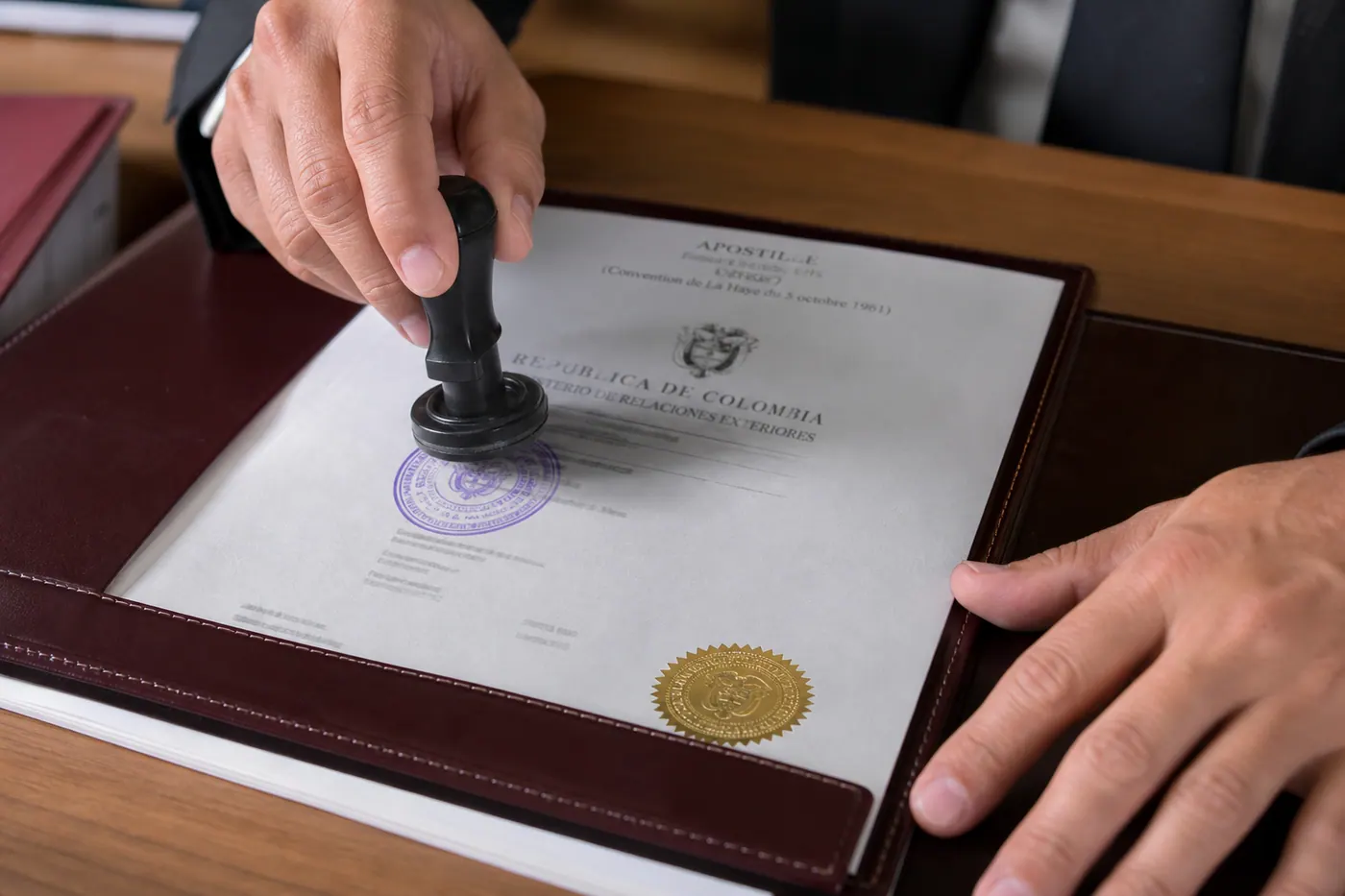 Official apostille stamp being applied to a foreign document for use in Colombia