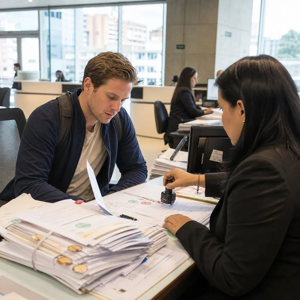 Foreigner reviewing apostilled documents at a notary office in Bogotá Colombia