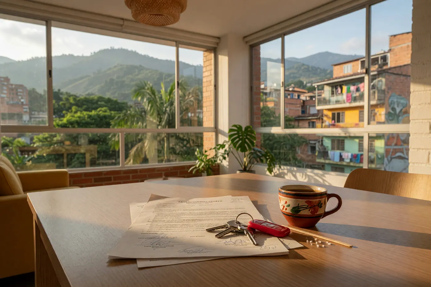 Bright Colombian apartment interior with a lease agreement and keys on a table