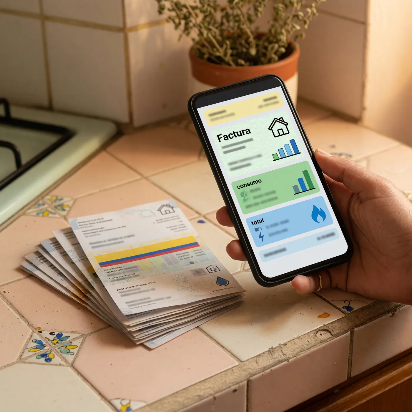 Close-up of a hand holding a phone with a utility bill next to paper bills on a counter
