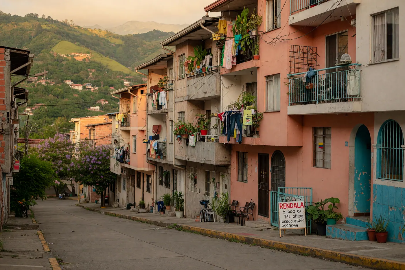 Calle residencial de Medellín con edificios de apartamentos, balcones, plantas y aviso de arriendo