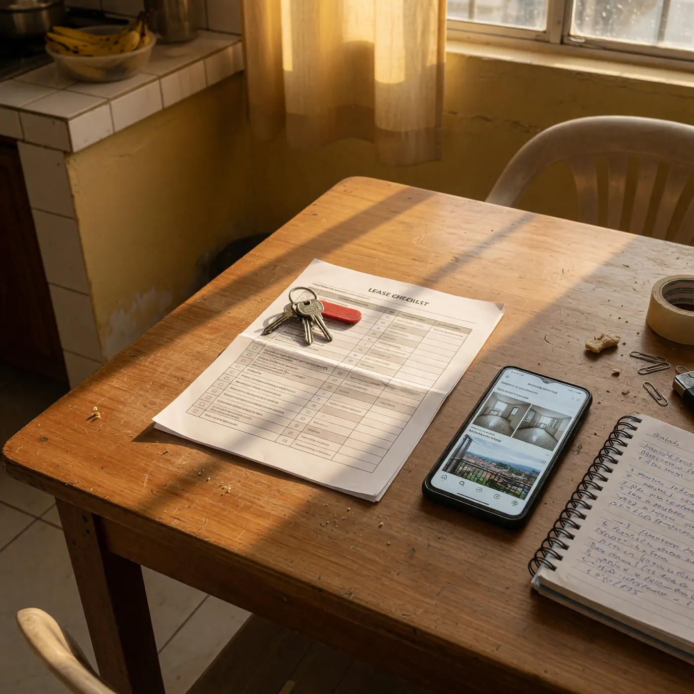 Llaves, lista de verificación de arriendo, celular y libreta sobre una mesa