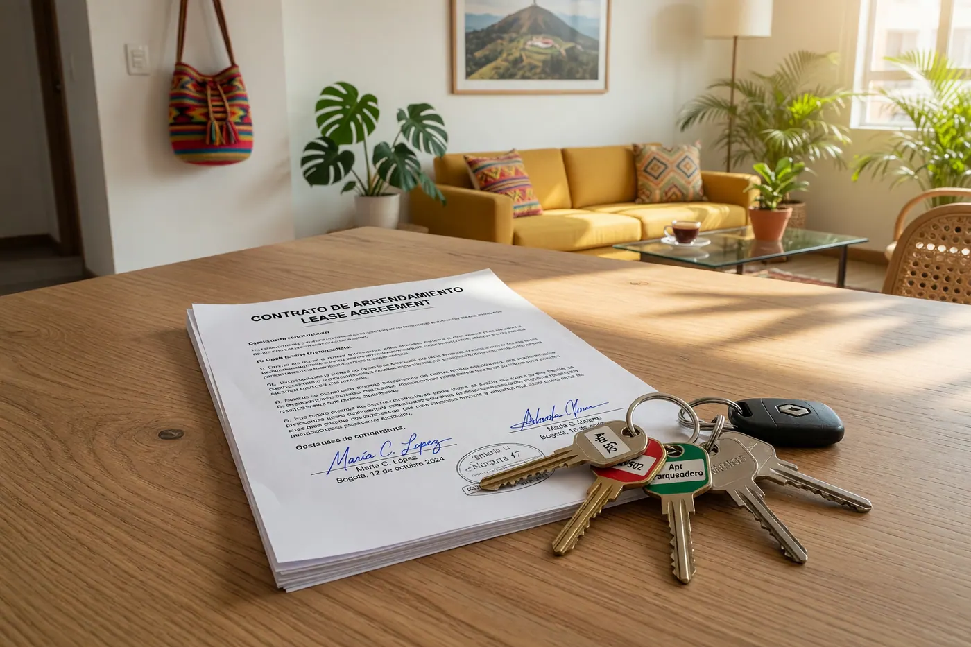 Contrato de arrendamiento firmado y llaves de apartamento sobre una mesa en un apartamento colombiano