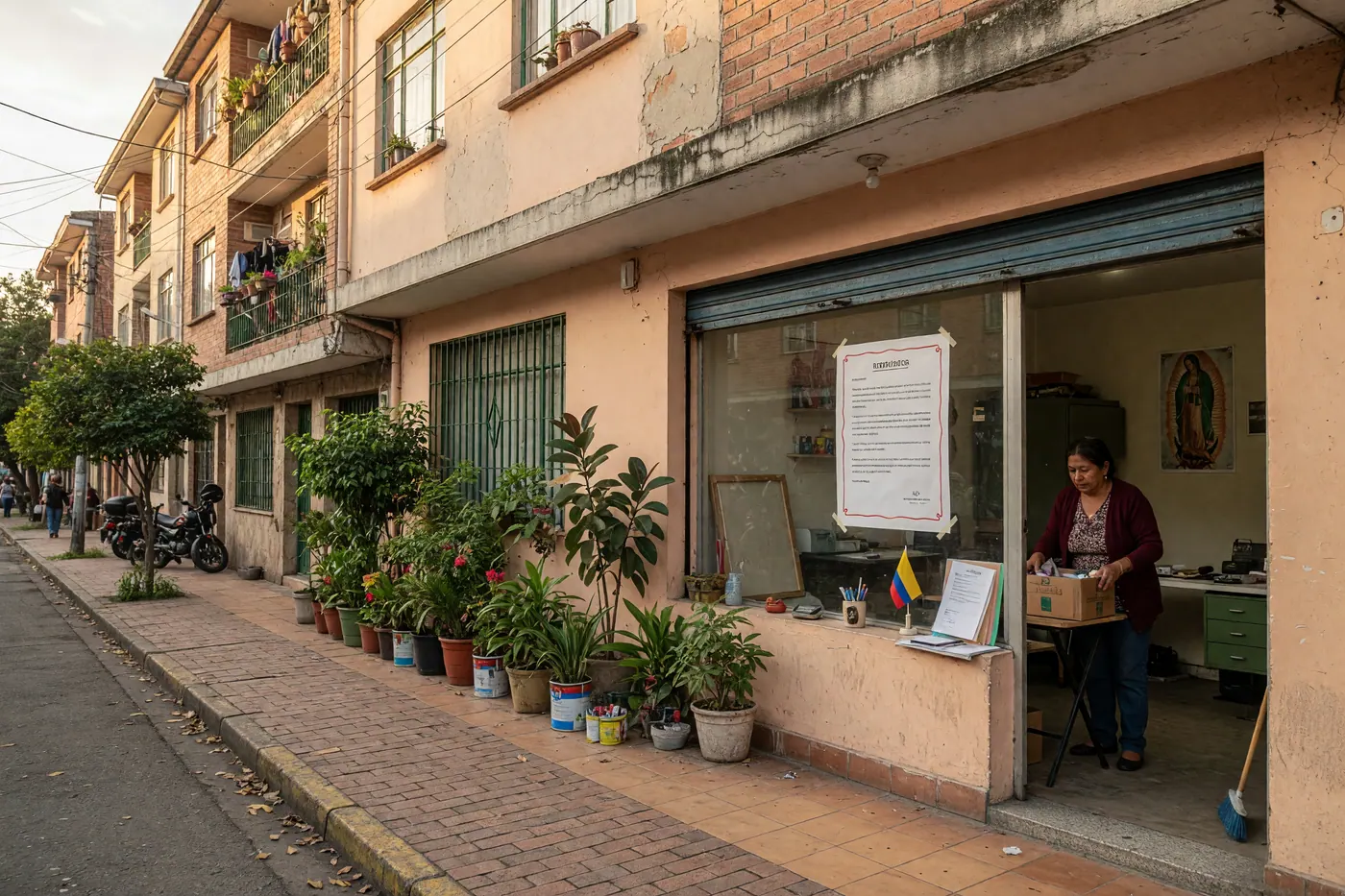 Local comercial en una calle arbolada de Bogotá, Colombia, con aviso de arriendo en la ventana.