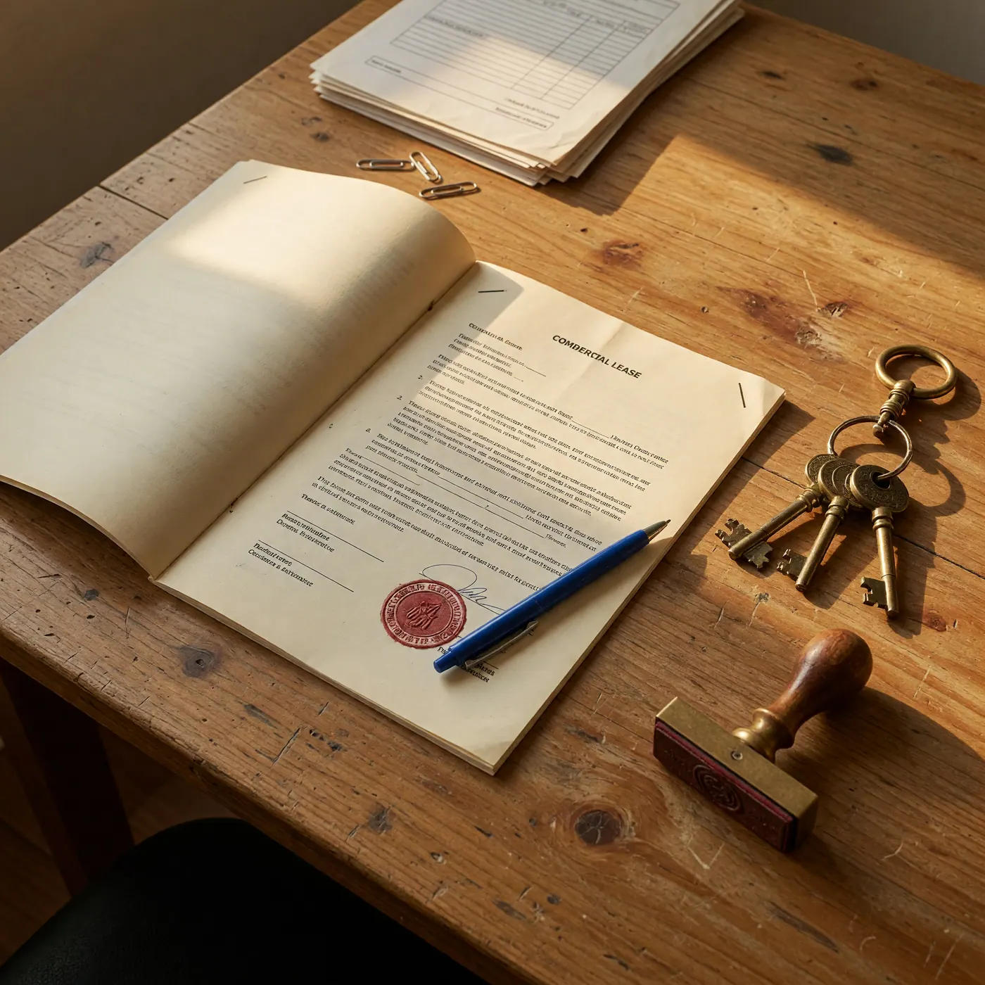 Contrato de arrendamiento comercial, llaves y sello notarial sobre un escritorio de madera.