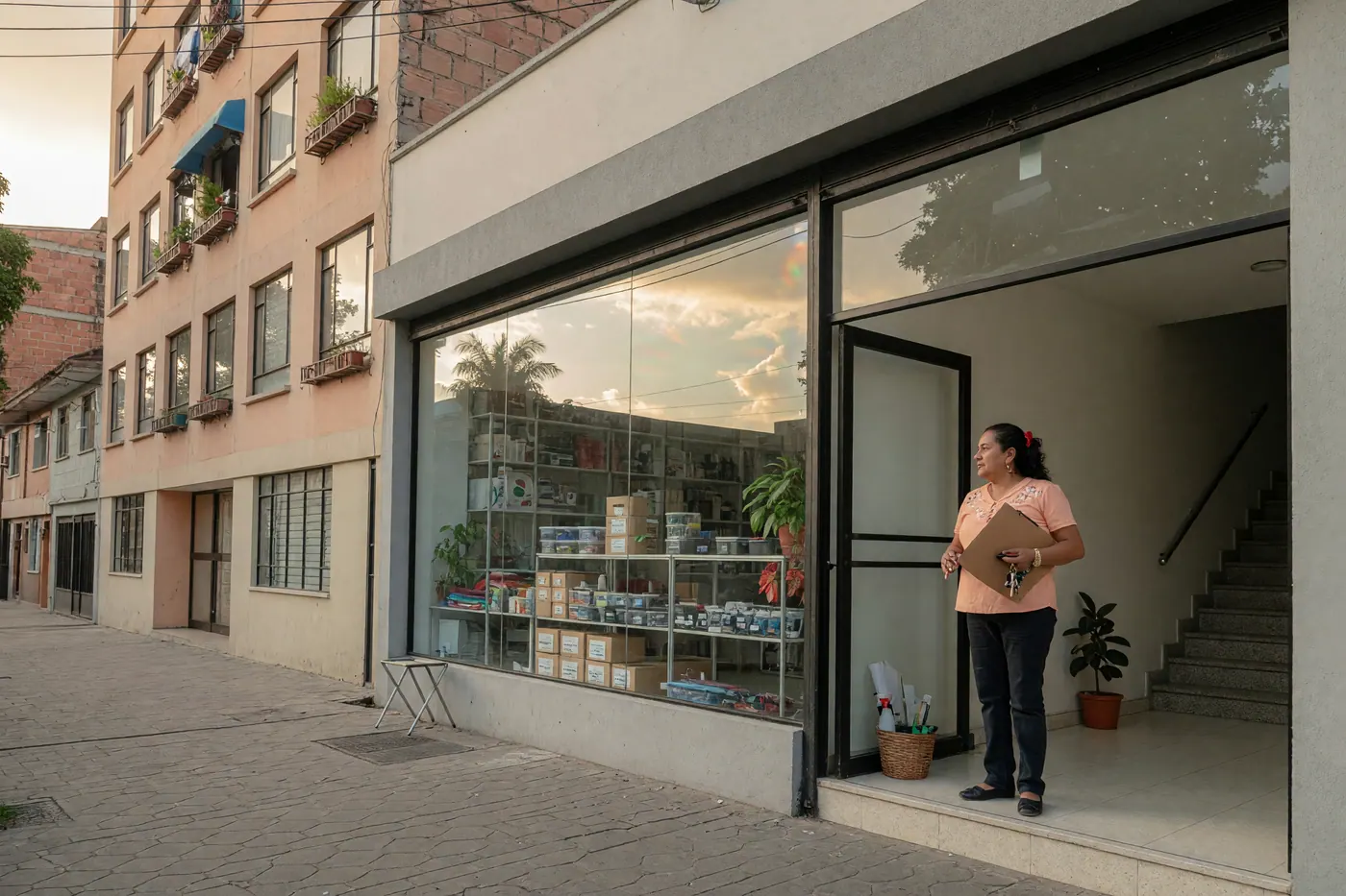 Local comercial con vitrina de vidrio y entrada de edificio en una calle urbana colombiana