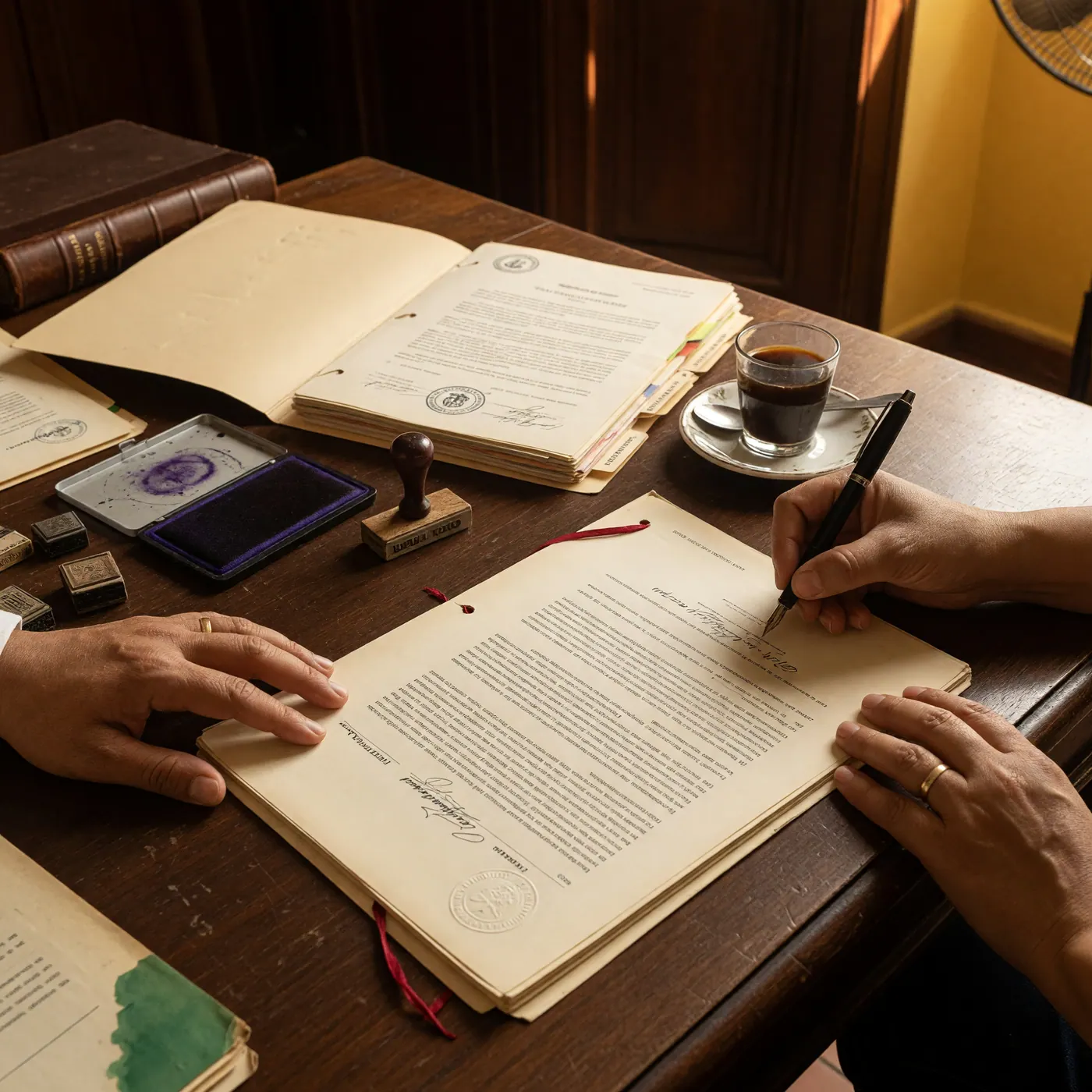 Manos firmando una escritura pública sobre escritorio de madera oscura en notaría colombiana, con sello, carpeta oficial y tinto