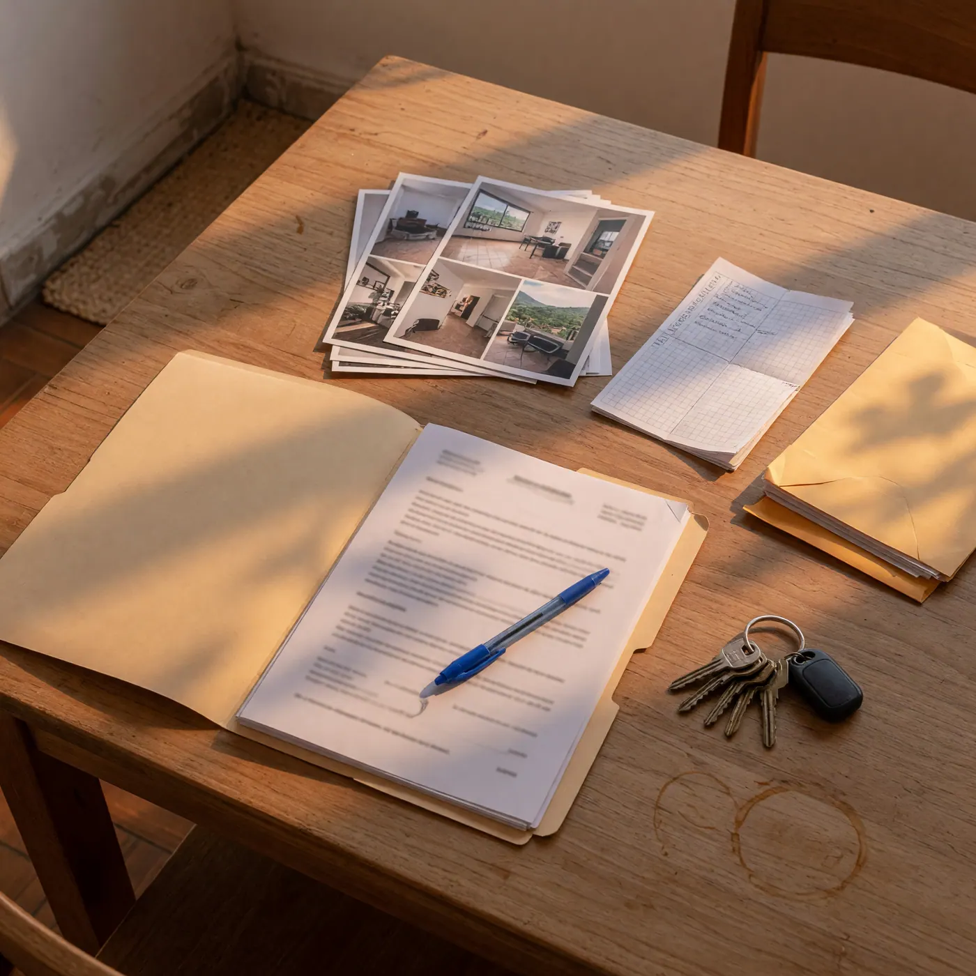 Llaves de apartamento y contrato de arrendamiento sobre una mesa de madera