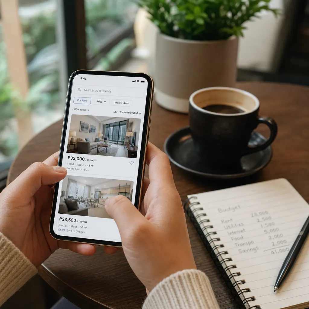 Buscando arriendo en plataforma de marketplace con presupuesto anotado en cuaderno