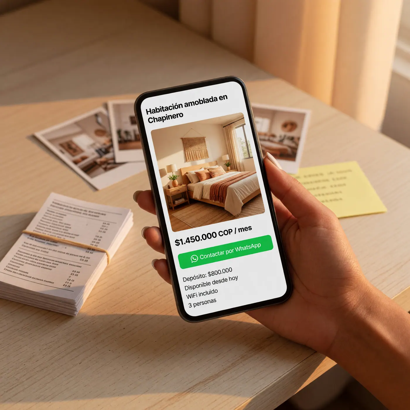 Teléfono inteligente mostrando un borrador de anuncio de arriendo amoblado por meses en la plataforma gratuita de Colombia Move.