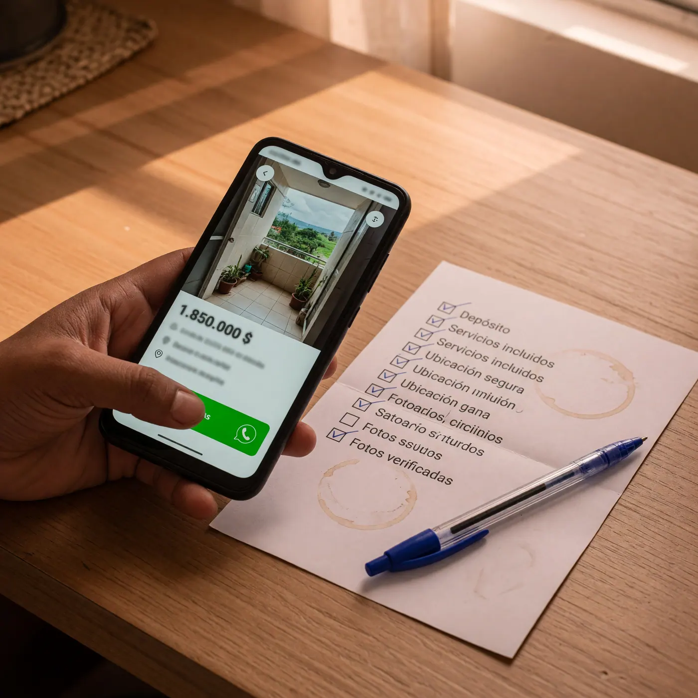 Detalle de pantalla de celular con anuncio de arriendo temporal, precio mensual en COP, botón de WhatsApp y lista de verificación con pluma sobre mesa de madera