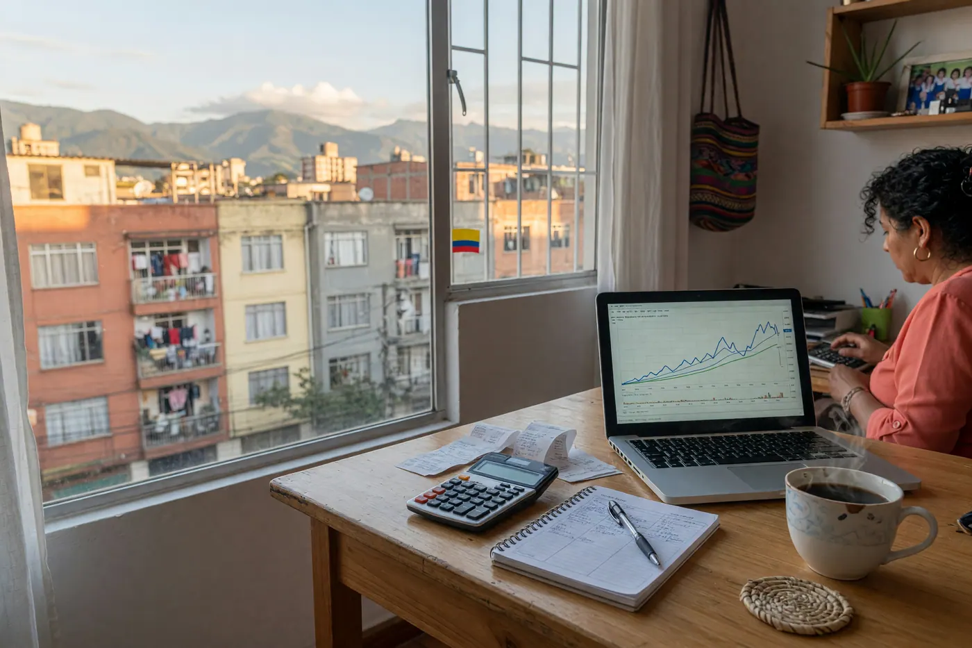 Escritorio de un contador independiente en Colombia con laptop, libreta de notas, calculadora y una taza de café bajo luz natural de la mañana.