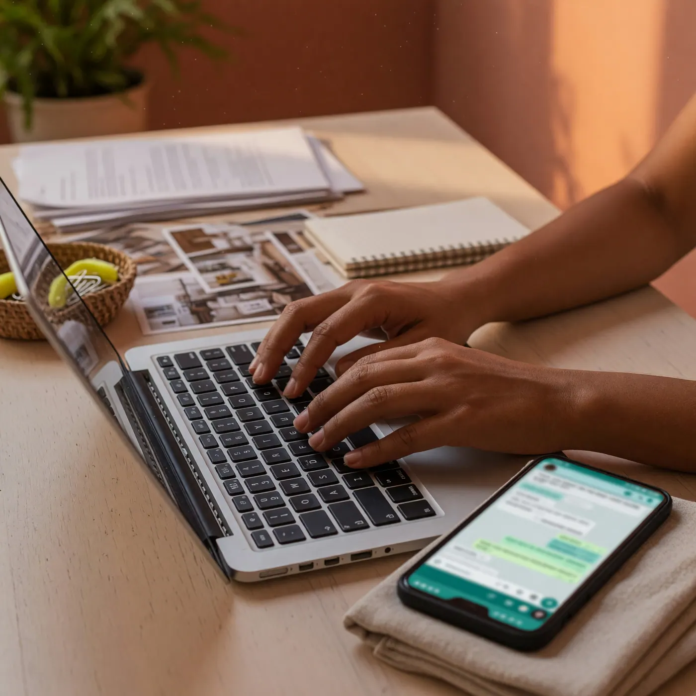 Manos de un contador virtual escribiendo en laptop con smartphone mostrando chat de WhatsApp Business en Colombia.