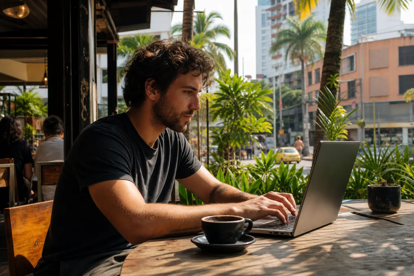 Person working on laptop at a Colombian coffee shop terrace, Medellín street in background
