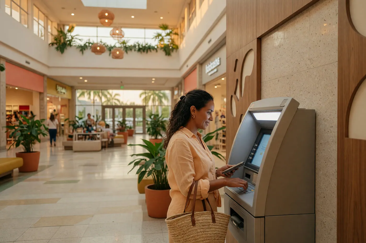 A traveler using an indoor ATM in a bright Colombian shopping center