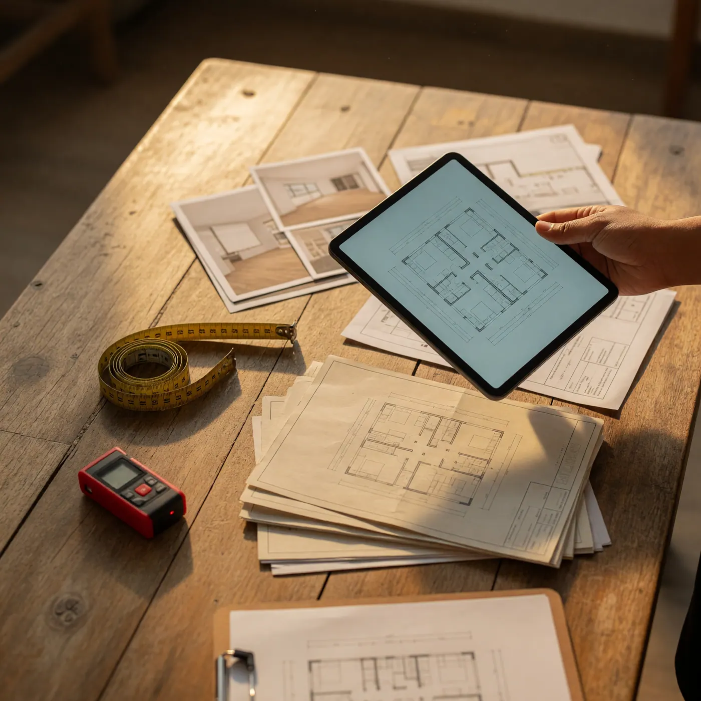 Mano sosteniendo una tableta con planos de una vivienda junto a herramientas de medición sobre una mesa de madera