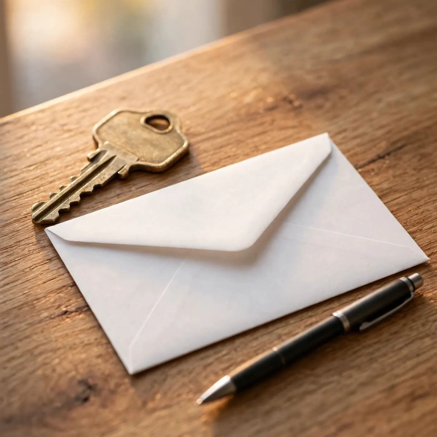 House key, blank white envelope and pen resting on a wooden counter