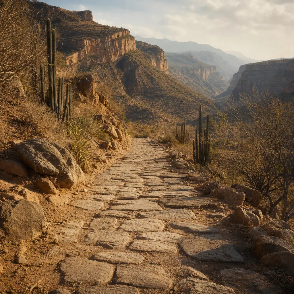 The Camino Real stone path through dry canyon landscape in Santander Colombia — ancient paved trail with cacti and dry scrub