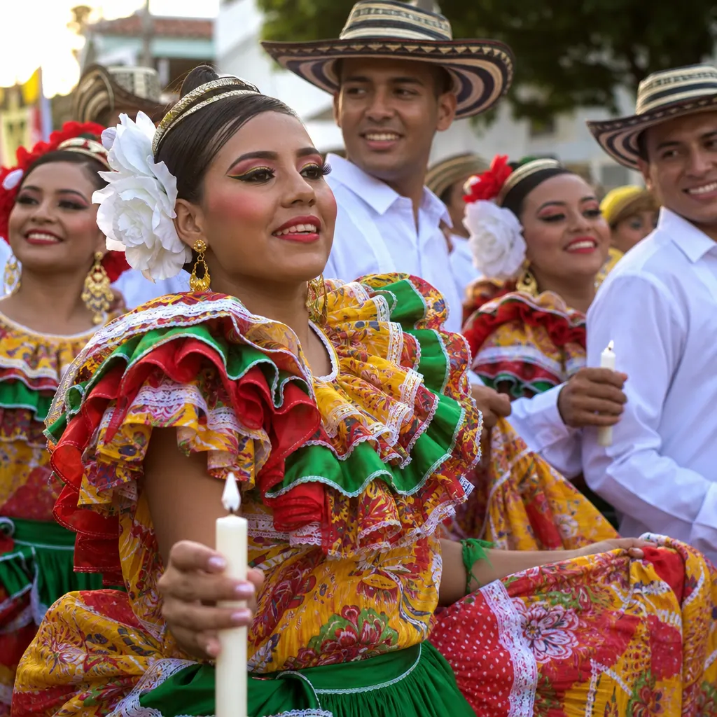 Cumbia dancers in traditional colorful costumes at Carnaval de Barranquilla — women in layered skirts holding candles, traditional folk dance atmosphere