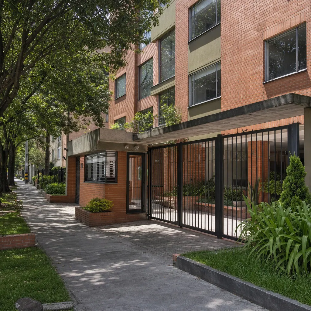 Entrada de un edificio residencial en Bogotá con portero, calle tranquila de barrio
