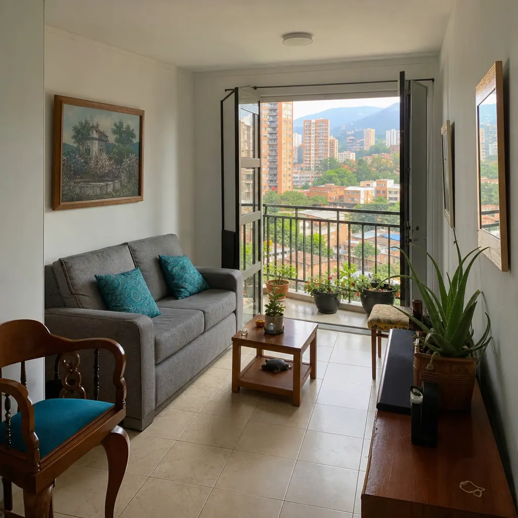 Apartamento típico de arriendo directo en Medellín con sala de estar sencilla y balcón