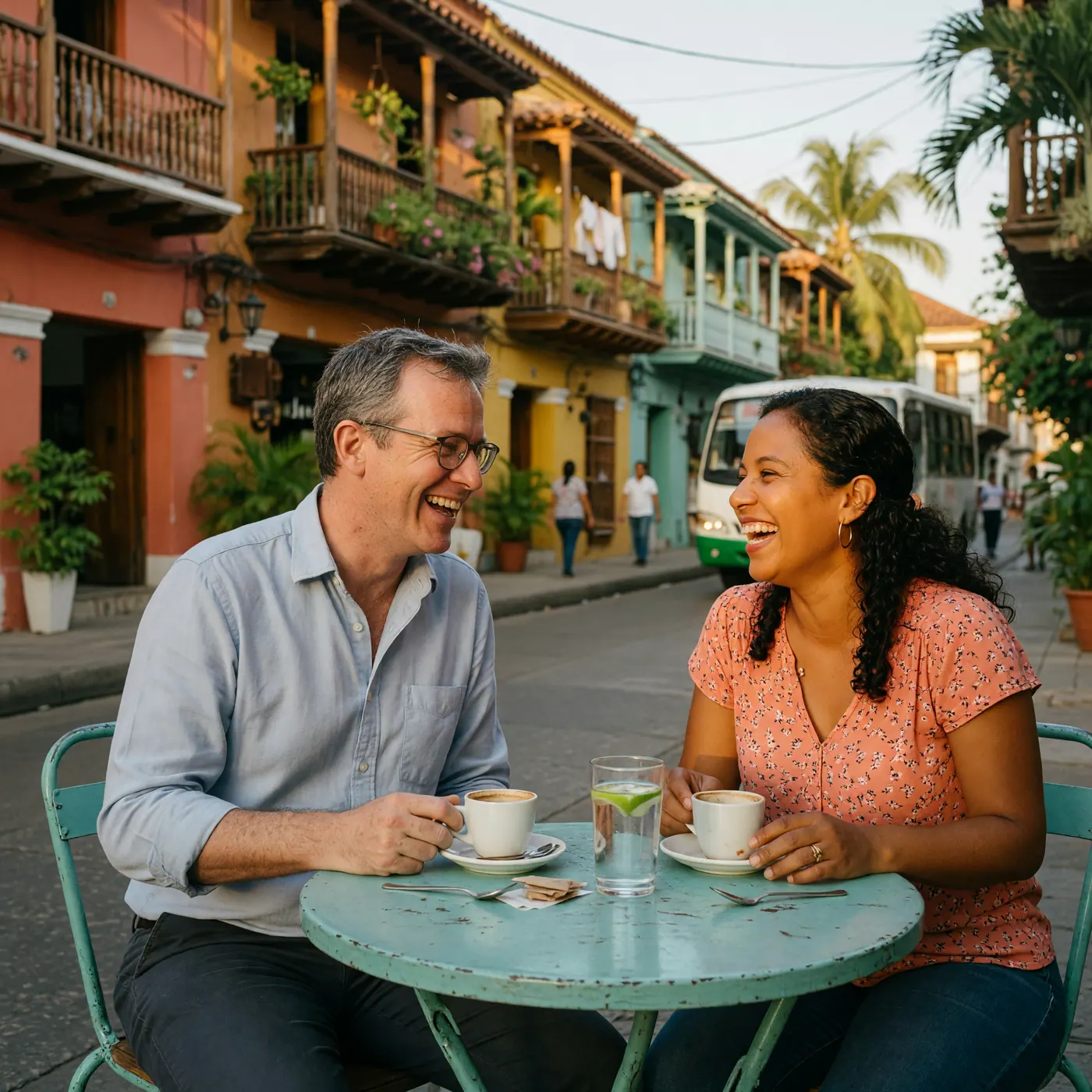 An expat and a Colombian local talking and laughing over coffee at an outdoor cafe