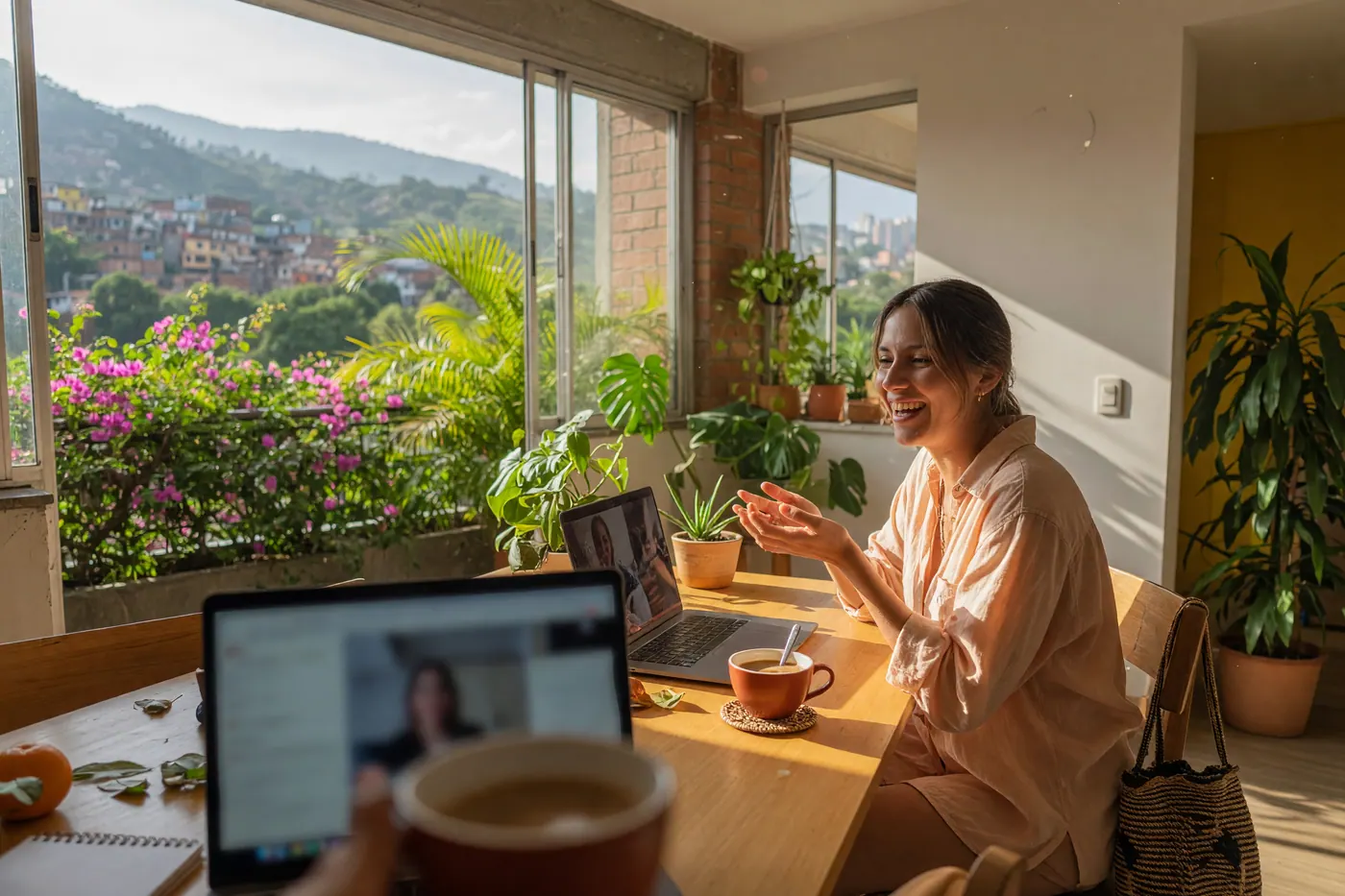 Expat taking an online one-on-one Spanish video class on a laptop in a sunny Colombian apartment