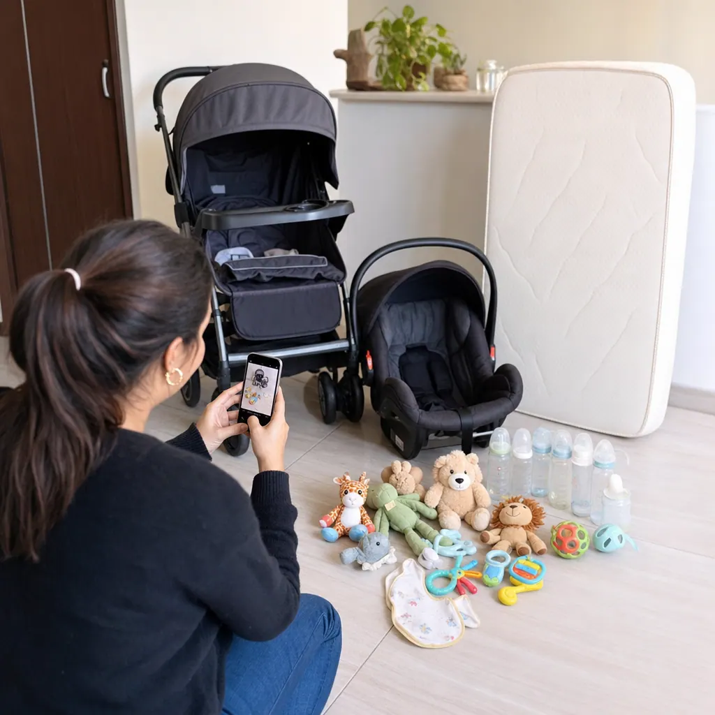 Padre fotografiando artículos de bebé usados para publicarlos en Colombia Move