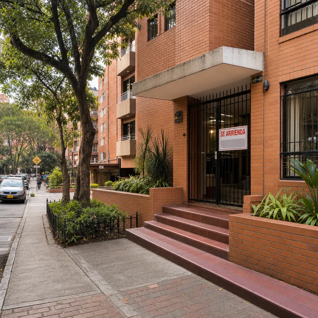 Residential street in Chapinero, Bogotá — apartment buildings with 'Se Arrienda' sign on gate, tree-lined sidewalk