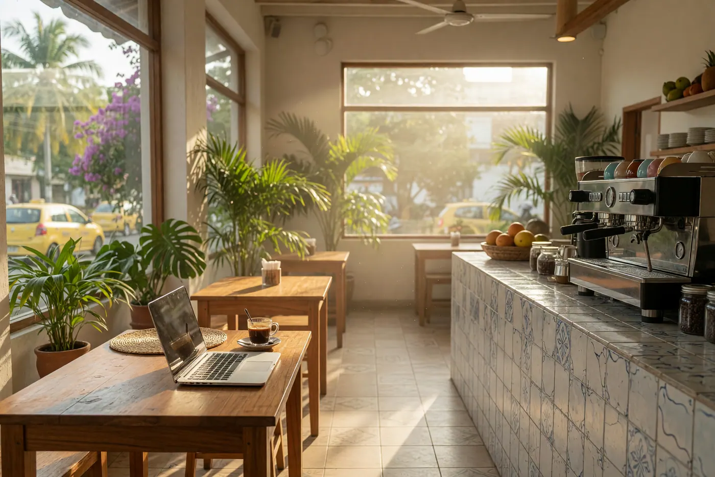 Airy cafe interior with wooden work tables, an espresso machine, and tropical plants in Cali, Colombia